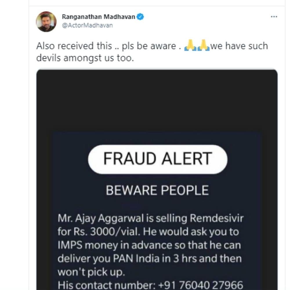 R Madhavan, R Madhavan Angry, R Madhavan warning fans, R Madhavan warning fans against people who Black marketing Remdesivir, Remdesivir Injection, R Madhavan says devils to people who Black marketing Remdesivir, आर. माधवन, आर. माधवन लोगों पर भड़के