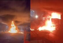 लखनऊ में भीषण हादसा, बंथरा में टायर फटते ही डंपर पिलर से टकराया, आधे घंटे तक उठती रहीं आग की लपटें