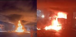 लखनऊ में भीषण हादसा, बंथरा में टायर फटते ही डंपर पिलर से टकराया, आधे घंटे तक उठती रहीं आग की लपटें