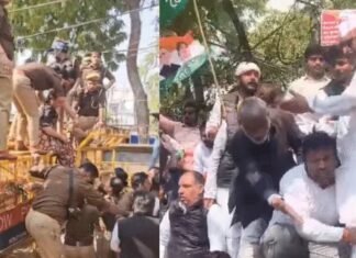 UP: लखनऊ में कांग्रेस कार्यालय के बाहर भारी हंगामा, विधानसभा घेराव के दौरान पुलिस से झड़प, बैरिकेडिंग पर चढ़े कार्यकर्ता