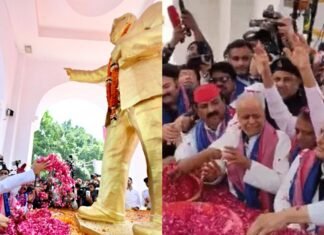 सियासी श्रद्धांजलि! अंबेडकर जयंती पर लाल टोपी-नीले गमछे में दिखाई दिए अखिलेश यादव
