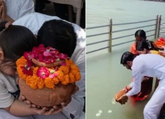 पूरे विधि-विधान से हुआ प्रतीक यादव का अस्थि विसर्जन, फूट-फूट कर रोई पत्नी अपर्णा, दोनों बेटियाँ भी रही मौजूद